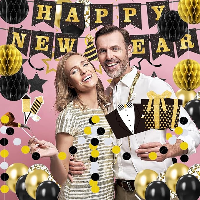 New Year's Eve Party Supplies 2026 - Happy New Year Banner, Balloons, Star Foil Streamers and Dot Garlant with Black Gold Honeycomb Ball Backdrop for 2026 New Year Decorations