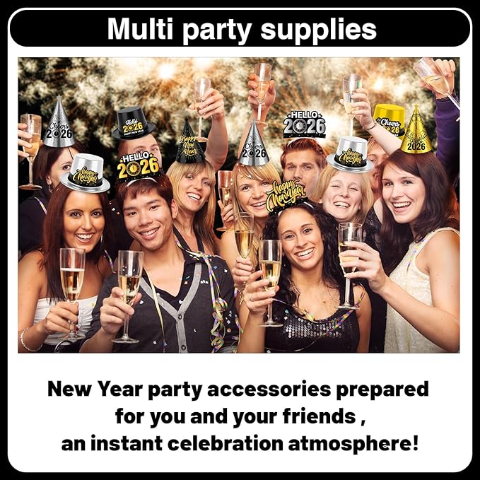New Years Eve Party Supplies 2026 - 40PCS Happy New Years Decorations for 12 Guests Includes Banner,Gold 2026 Balloon,Hats,Tiaras and Squawkers for Nye 2026 Celebrations