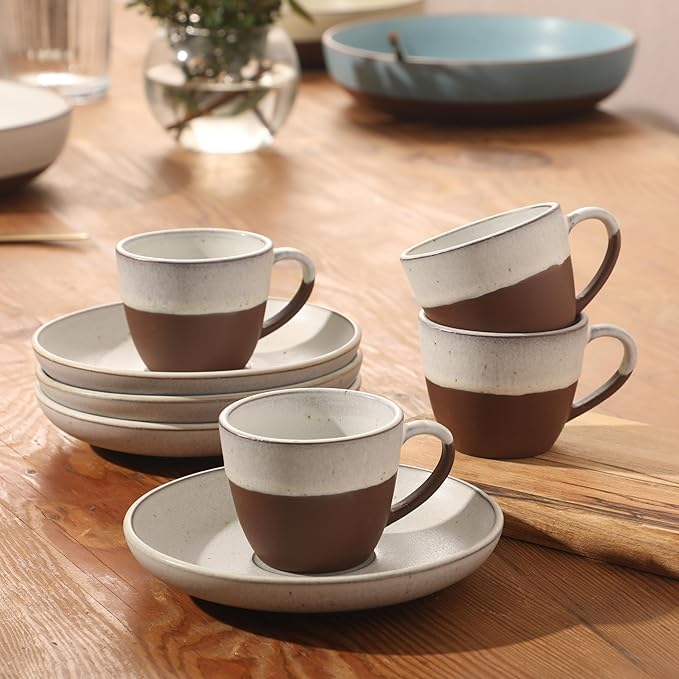 Gibson Elite William Crest 8 Piece Cup & Saucer Set, 4 Stoneware Cups & 4 Saucers, Reactive Glaze Finish, 3.5oz Espresso Cups, 5.5” Saucers, Round Coffee Set, Microwave & Dishwasher Safe - Ash White