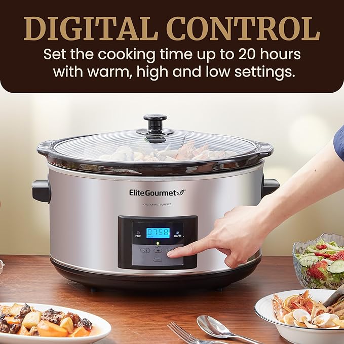 Elite Gourmet Stainless Steel Slow Cooker, Dishwasher-Safe with Tempered Glass Lid, Cool-Touch Handles, Removable Stoneware Pot, 8.5 Quart,MST-900V