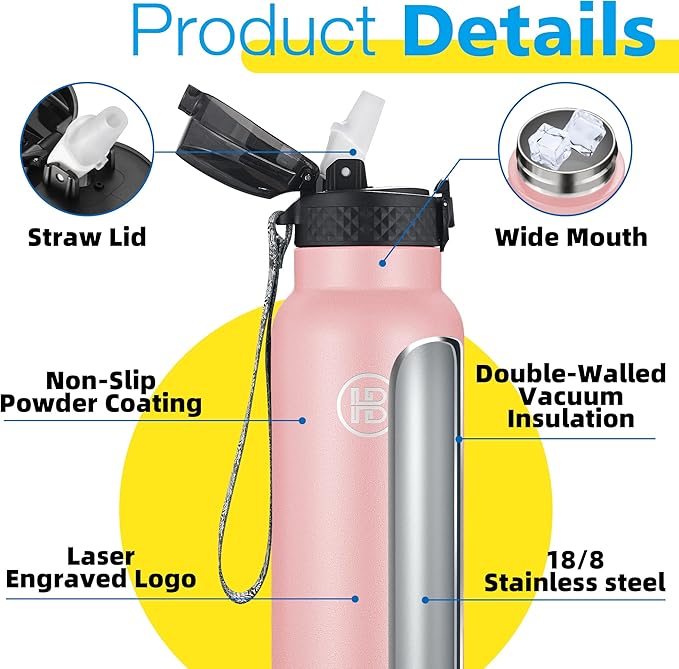 Han's Bottle Sports Water Bottle - 32 Oz, Straw Lid, Leak Proof, Vacuum Insulated Stainless Steel, Double Walled, Thermo Mug,Blush