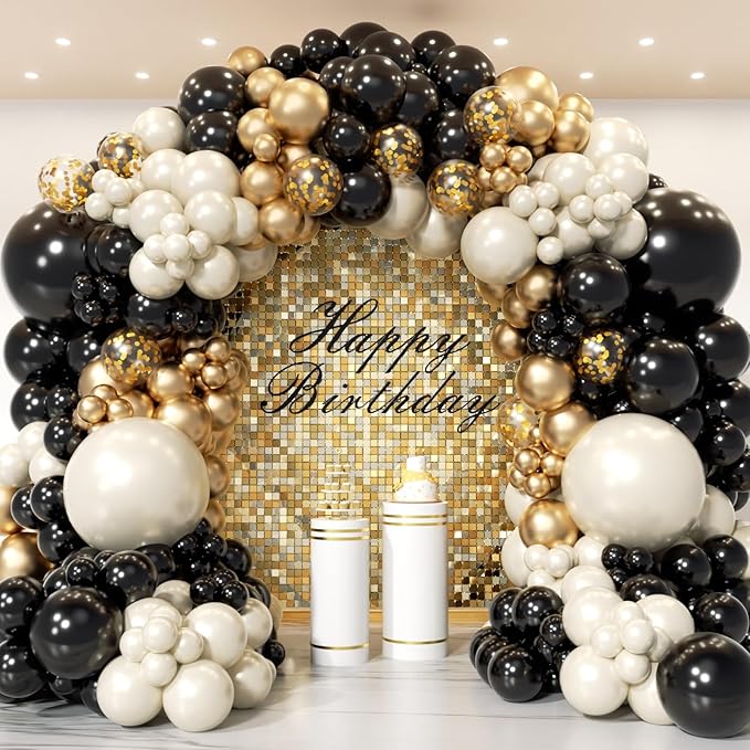 Black and Gold Balloon Arch Garland Kit 150pcs 2026 New Year's, Double Stuffed Pearl Sand White Black Chrome Gold Balloons Arch Kit for Graduation Father's Day Birthday Party Decoration