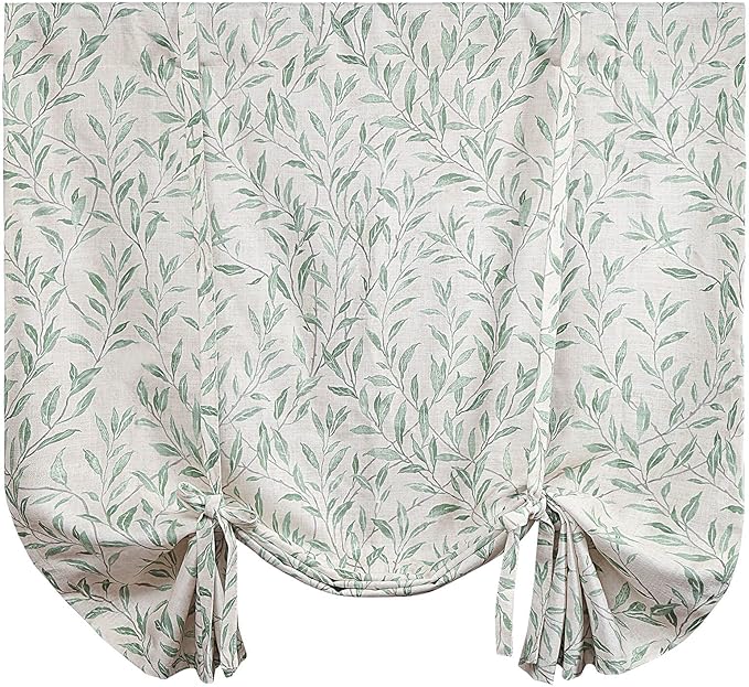 VOGOL Tie Up Window Shade Rod Pocket Panel, Lovely Leaf Print Curtains for Kitchen Windows 63 Inch Length Curtain Panels for Bathroom Small Cafe, Green