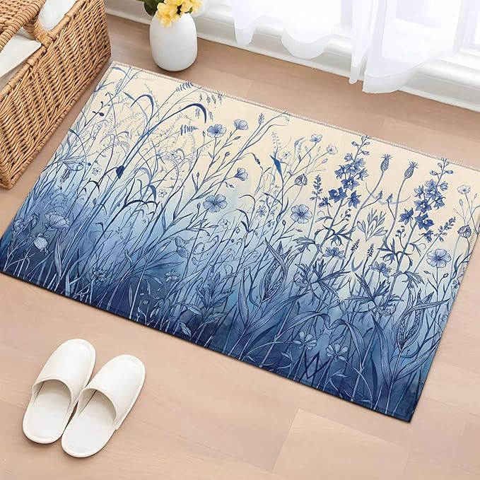 Area Rug 2x3ft, Vintage Boho Blue Wildflowers Meadow Washable Rugs for Living Room Bedroom, Abstract Flower Soft Non-Slip Area Rugs Rectangle Floor Carpet for Dining Room