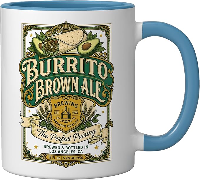Burrito Brown Ale Mexican Food Retro Funny Beer Label Ceramic Mug, Blue/White