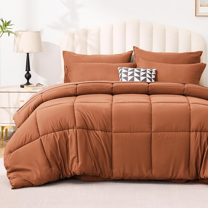 Love's cabin Full Comforter Set Burnt Orange, 7 Pieces Full Bed in a Bag, All Season Bedding Sets with 1 Comforter, 1 Flat Sheet, 1 Fitted Sheet, 2 Pillowcase and 2 Pillow Sham | Soft, Breathable, Lightweight, Comfortable