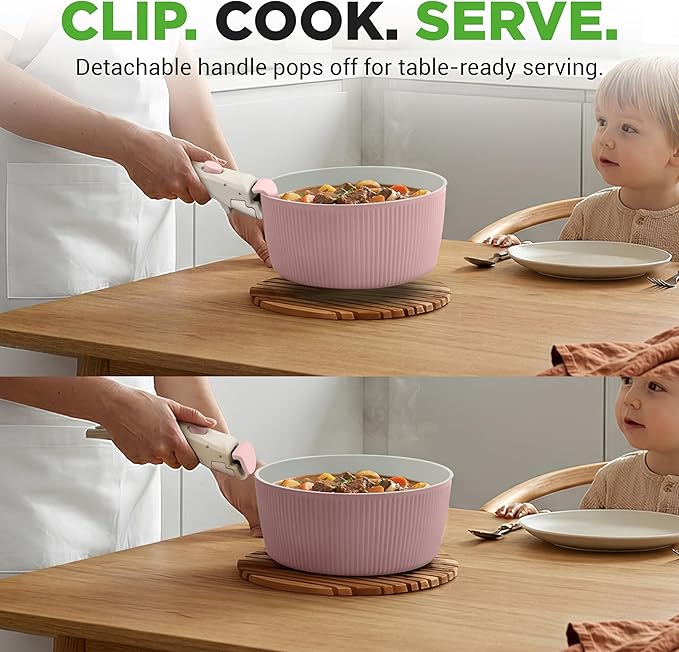 NutriChef 18-Piece Ceramic Cookware Set with Detachable Handles, Space-Saving Nonstick Pots, Pans & Lids, Oven-Safe Bowls, Stackable Storage, Includes Cooking Utensils & Accessories (Pink)