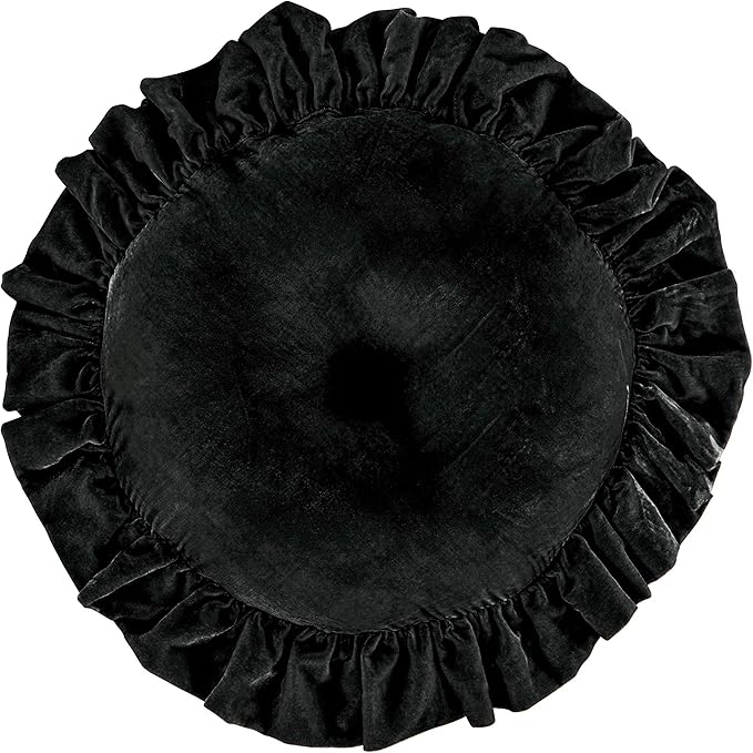 HiEnd Accents Stella Faux Silk Velvet Round Ruffled Pillow, Black, Romantic Western Modern Traditional Style Luxury Bedding, Decorative Throw Pillow