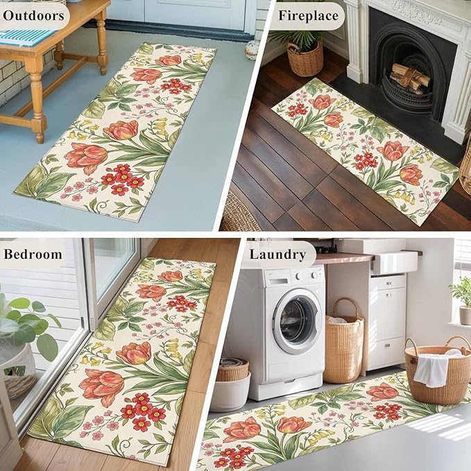 Runner Rug for Bedroom Hallway, Vintage Tulips Red Daisies Kitchen Runner Rugs Area Rug 2x6ft, Yellow Blooms Floral Pattern Washable Soft Floor Carpet for Entryway Stair