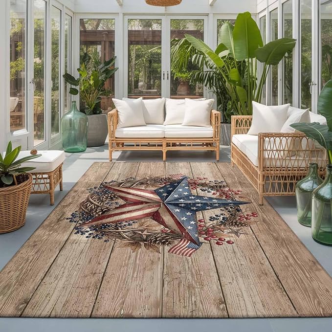 Area Rug 3x5ft, Independence Day USA Flag Star Washable Rugs for Living Room Bedroom, Farm Wood Background Soft Non-Slip Area Rugs Rectangle Floor Carpet for Dining Room