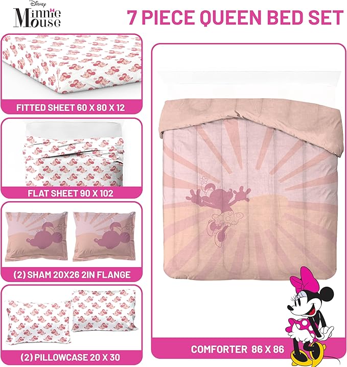 Disney Minnie Mouse Queen Size Comforter Set - 7 Piece Bedding Includes Sheet Set & Pillow Covers - Super Soft Cozy Pink Bedding