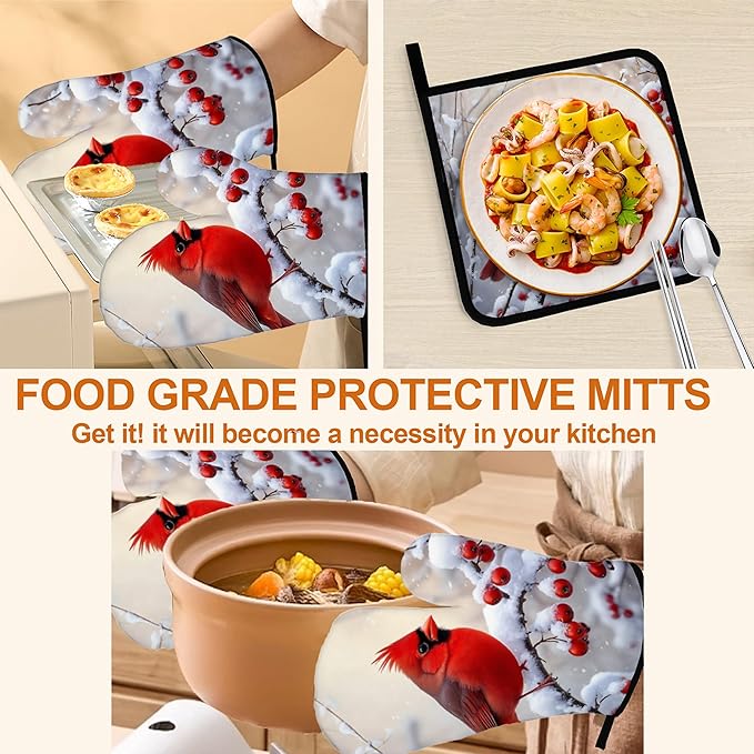 Red Bird Pattern Oven Gloves and Hot Pads Set - Heatproof Hand Protection for Baking, Grilling, Cooking 4Pcs