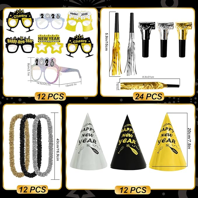 New Years Eve Party Supplies 2026 for 24, New Years Eve Party Decorations, a Banner, 12 Hat, 12 Glasses, 24 Blowouts, 12 Leis, 12 Necklaces 2 Foil Fringe Curtains,32 Inches "2026" Foil Balloons