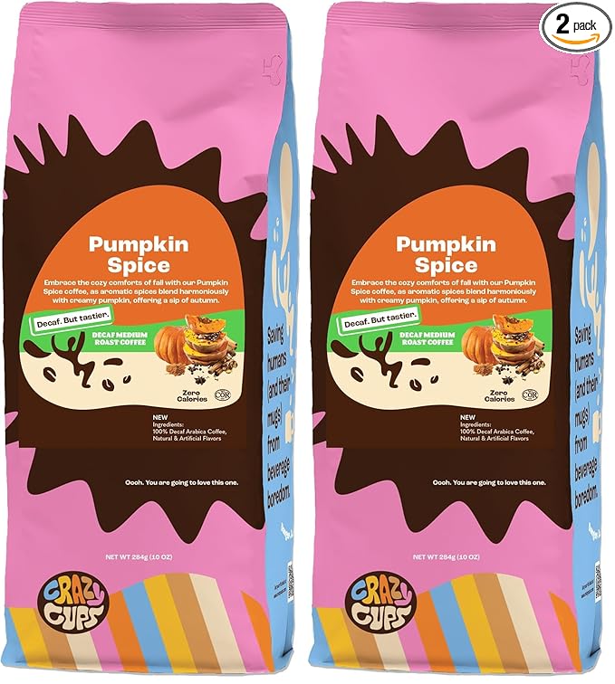 Crazy Cups Decaf Flavored Coffee, Decaffeinated Pumpkin Spice Coffee,Enjoy Hot or Iced, 10oz (Pack of 2)