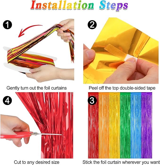 ZATAYE 4 Pack Pride Decorations, 3.28 FT x 7.05 FT Rainbow Backdrop, Metallic LGBT Party Decor Foil Tinsel Party Streamer Backdrop Curtains, Rainbow Curtains Birthday Photo Booth Props