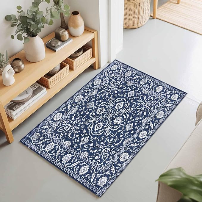 Area Rug 2x3ft, Navy Blue Paisley Floral Texture Washable Rugs for Living Room Bedroom, Vintage Tribe Flower Soft Non-Slip Area Rugs Rectangle Floor Carpet for Dining Room