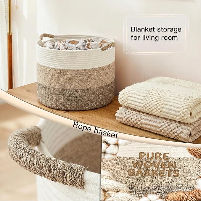 Artfeel 40L Large Cotton Rope Basket, Decorative Woven Blanket Storage for Living Room, Boho Toy Storage & Toy Box for Kids, Versatile Laundry Basket & Nursery Hamper for Blankets(Brownyellow)