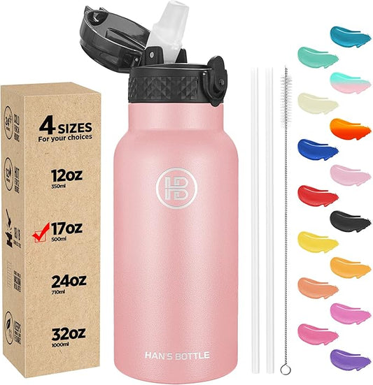 Han's Bottle Kids Water Bottle with Straw Lid - Insulated Stainless Steel Reusable Tumbler for Girls,Boys,Thermo Mug,17oz,Blush