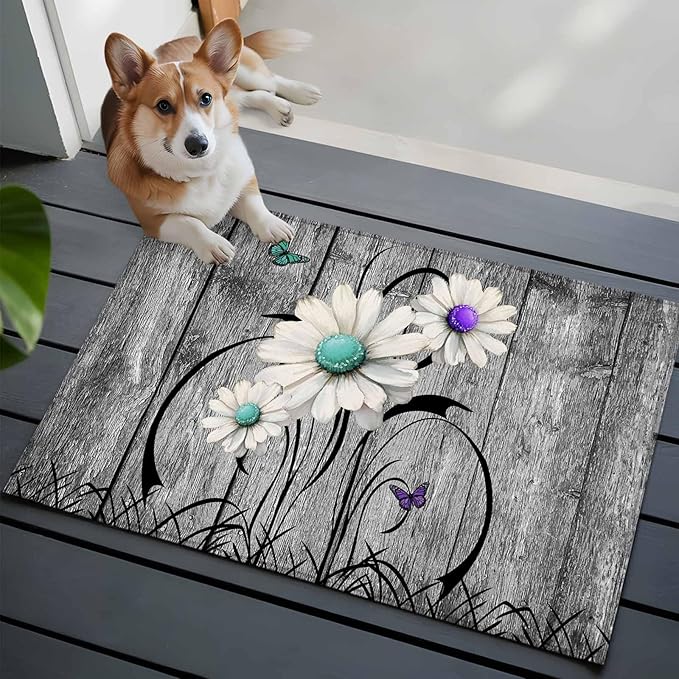 Area Rug 2x3ft, Farm Daisy Shabby Wood Grain Washable Rugs for Living Room Bedroom, Vintage Flower Plant Butterfly Soft Non-Slip Area Rugs Rectangle Floor Carpet for Dining Room