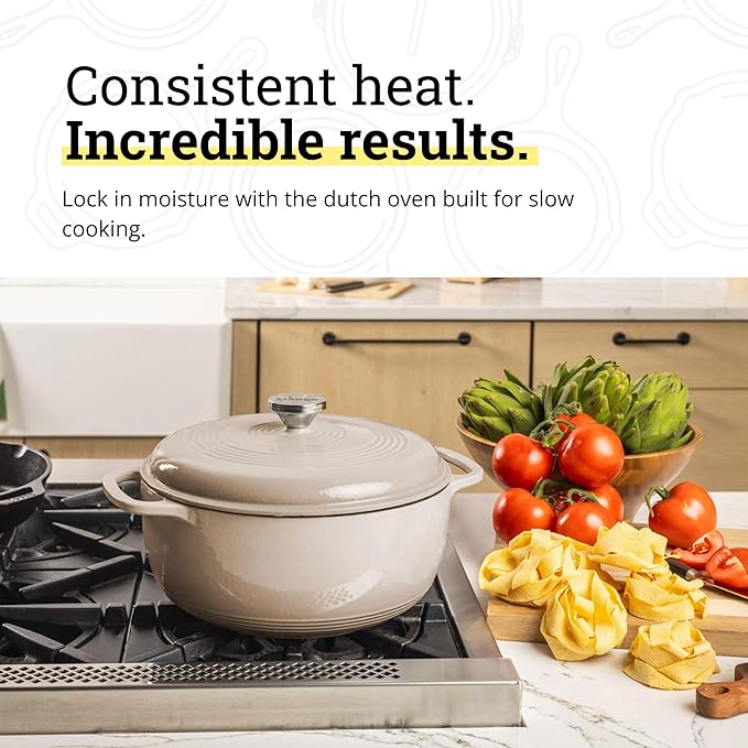 Lodge Essential Enamel Cast Iron Dutch Oven - Perfect for Bread Baking, Braising, Marinating & Slow Cooking - Features Moisture-Sealing Lid & Dual Handles - Kitchen Essentials - 6 Quarts - Sandalwood