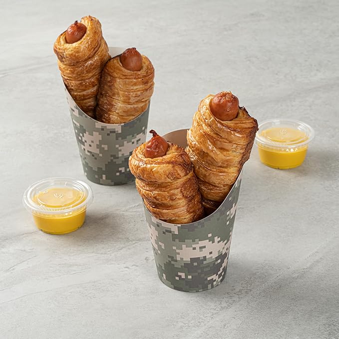 Restaurantware-Bio Tek 12 Ounce French Fry Containers, 100 Disposable Charcuterie Cups - Incline Design, Round, Camouflage Paper French Fry Cups, Stackable, For Waffles, Chips, or Popcorn