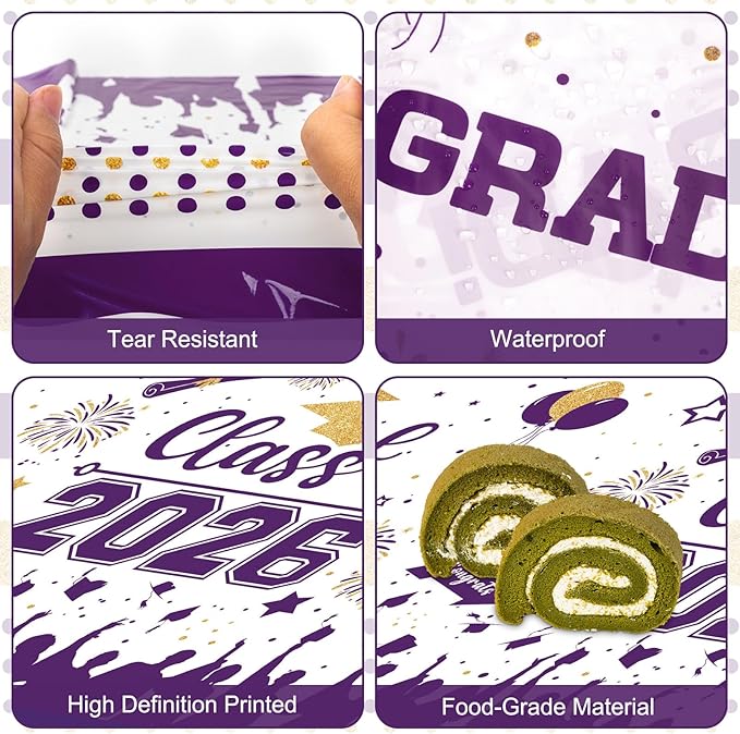 Graduation Decorations Class of 2026 Tablecloth - 3 Pcs Plastic Congrats Grad Table Cloth, Graduation Table Cover for Graduations Party Decorations 2026 and Party Supplies, 54"x108" (Purple and Gold)