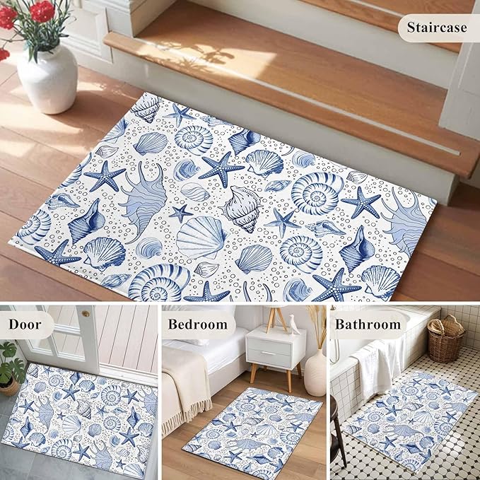 Area Rug 2x3ft, Navy Blue Starfish Conch Shell Seamless Washable Rugs for Living Room Bedroom, Summer Ocean Bubbles Soft Non-Slip Area Rugs Rectangle Floor Carpet for Dining Room