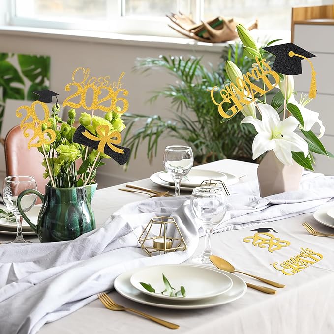Graduation Decorations 2026, 20 PCS Sparkling Black and Gold Double-Sided Centerpiece Sticks for Tables, Class of 2026 Table Toppers and Party Supplies
