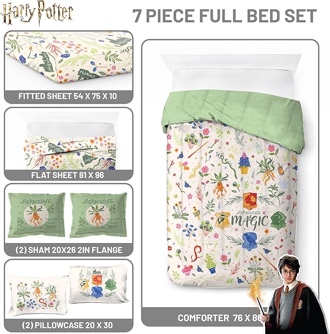 Jay Franco Harry Potter Full Size Comforter Set - 7 Piece Bedding Includes Sheet Set & Pillow Covers - Super Soft Hogwarts Herbology Bedding