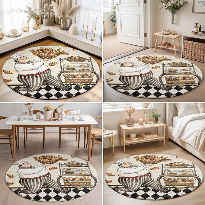 Washable Round Area Rug Farmhouse Kitchen Baker Bread Circle Rugs Floor Carpet for Living Room Bedroom, Vintage Black Plaid Soft Non Slip Round Rug 3ft