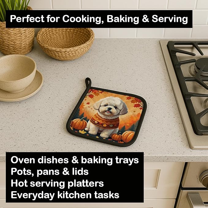 Caroline's Treasures DAC1020PTHD Bichon Frise Fall Pair of Pot Holders Kitchen Heat Resistant Pot Holders Sets Oven Hot Pads for Cooking Baking BBQ, 7 1/2 x 7 1/2