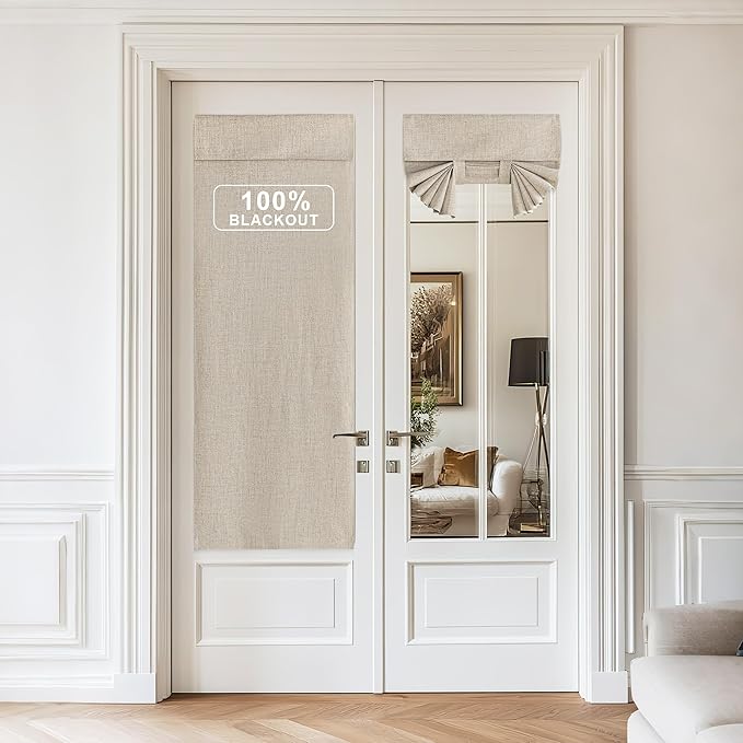 NICETOWN Linen Door Curtains - 100% Blackout French Door Curtain Bedroom Window Drape for Patio Door Sidelight Glass Door Curtain Privacy Tie Up Door Blind, W26 x L72, 1 Panel, Cream