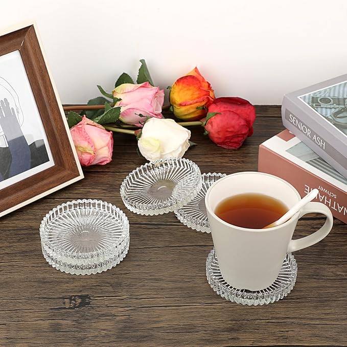 JUXYES 5 Pack Glass Coasters Round Cup Mat, Clear Glass Coaster for Drinks Coffee Tea Wine, Decorative Wine Bottle Coasters, Crystal Drink Coasters for Restaurant bar Kitchen Dining Table