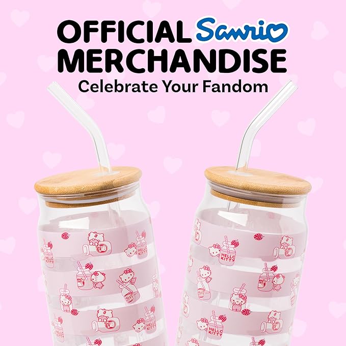 Silver Buffalo Sanrio Hello Kitty Strawberry Milk Pink Glass Jar Tumbler with Bamboo Lid and Glass Straw, 16 Ounces