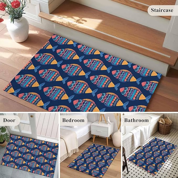Area Rug 2x3ft, Ethnic Style Ocean Fish Washable Rugs for Living Room Bedroom, Watercolor Marine Life on Navy Blue Soft Non-Slip Area Rugs Rectangle Floor Carpet for Dining Room