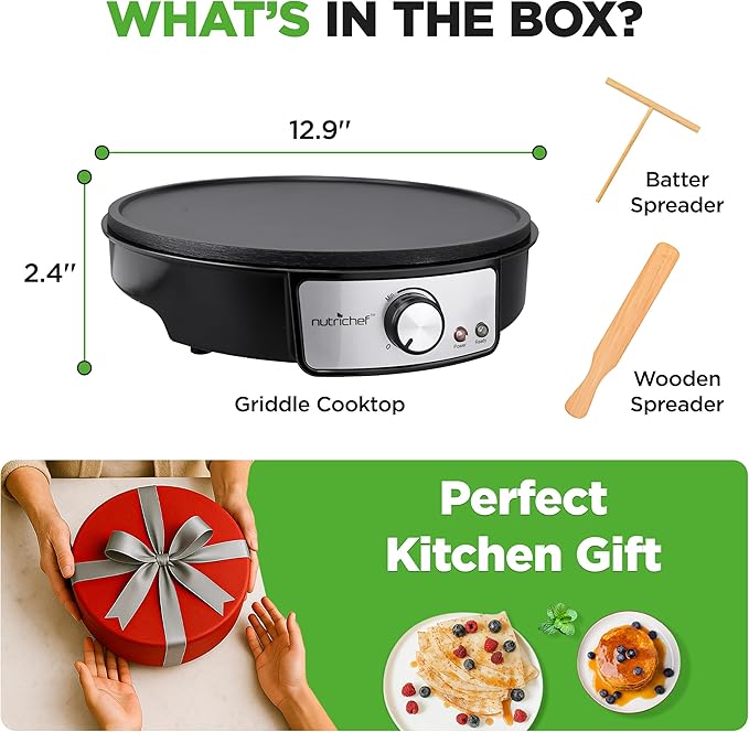 Nutrichef Electric Crepe Maker & Griddle Cooktop - Nonstick 12 Inch Aluminum Hot Plate with LED Indicator Lights & Adjustable Temperature Control - Wooden Spatula & Batter Spreader Included
