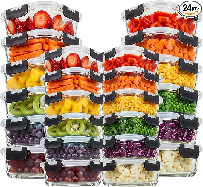 Konokyo Square Glass Food Storage Containers with Lids, 24 Pack Airtight Leakproof Meal Prep Containers, BPA-Free, Microwave Oven Freezer & Dishwasher Safe, Assorted Sizes