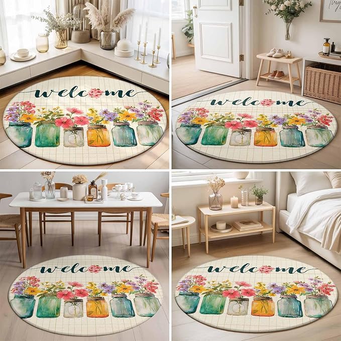 Washable Round Area Rug Summer Pastoral Flower Buffalo Plaid Circle Rugs Floor Carpet for Living Room Bedroom, Rustic Blossom Floral Soft Non Slip Round Rug 5ft