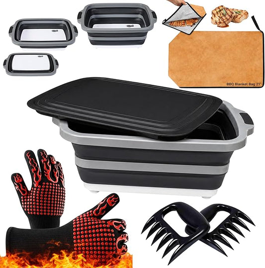 NCA - 5 piece BBQ Prep Tub, BBQ Blanket, Heat Resistant Grill Gloves (1472°F), Meat Claws | 21" Meat Resting Bag, Insulated Triple Layer | Foldable Cutting Board, Drain Plug | 2 pcs Chicken Shredder