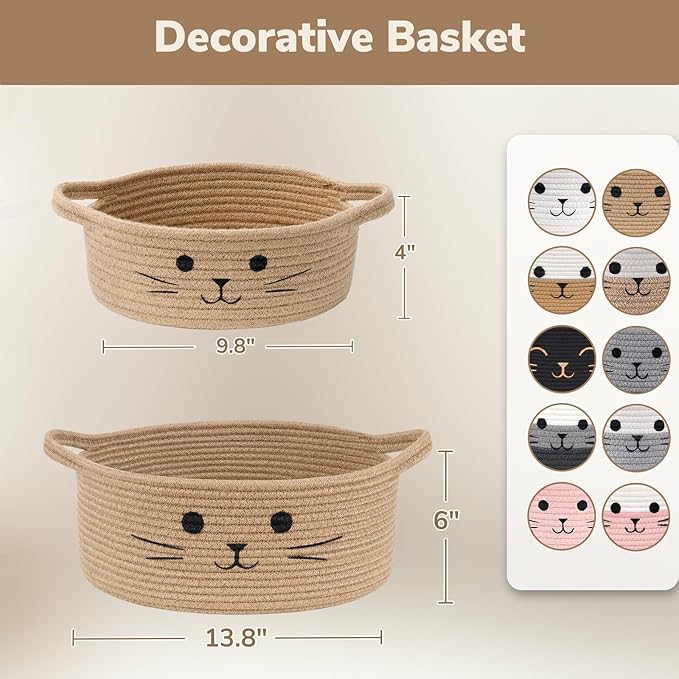 Cute Cat Toy Basket, Gift Baskets Empty for Home Decor, Soft Woven Basket for Living Room, Decorative Storage Baskets for Diaper Caddy, White & Brown, 9.8 x 4 inches