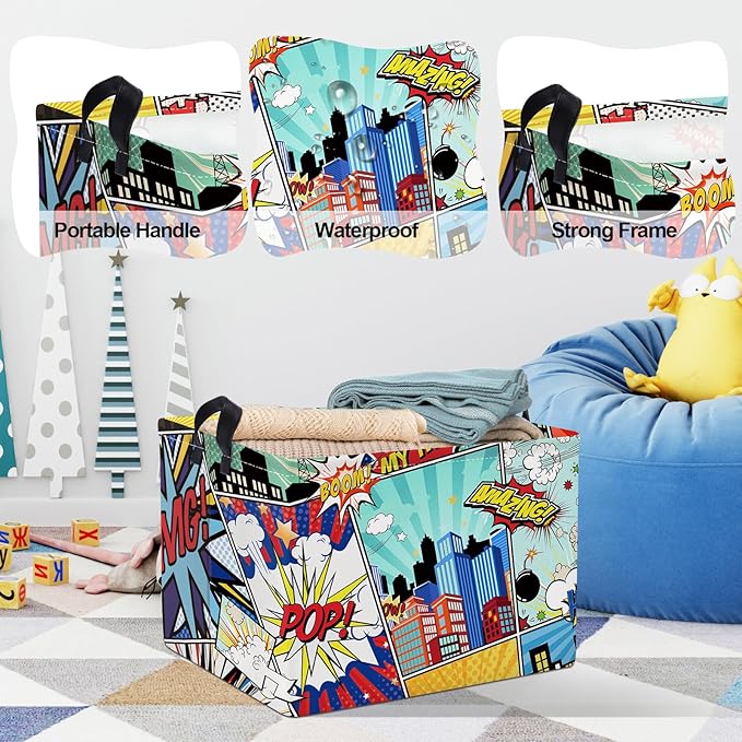 Clastyle 36L Rectangle Blue Comics Hero Kid Storage Basket Collapsible City Building Clothes Toy Nursery Bin Book Shelf Basket