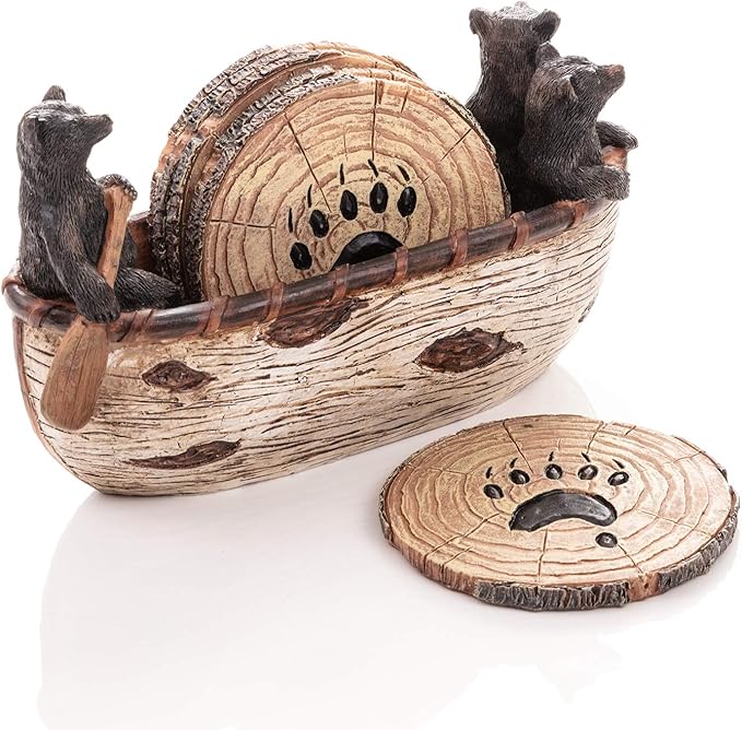 Cabin Obsession Bear Coasters - Set of 6 Full Size Rustic Coasters in Handmade Canoe with Adorable Black Bear Figurines - Log Cabin Decorations, Rustic Lodge Decor for The Home