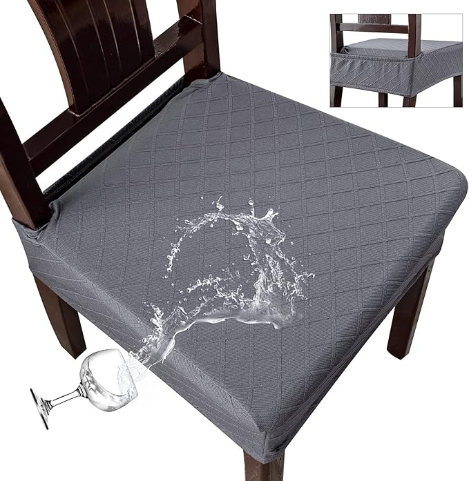 Genina Waterproof Seat Covers for Chairs,Set of 2 Dining Room Chair Seat Covers for Kitchen,Stretch Jacquard Removable Washable Dining Chair Slipcovers Protectors with Rear Covers, Dark Grey