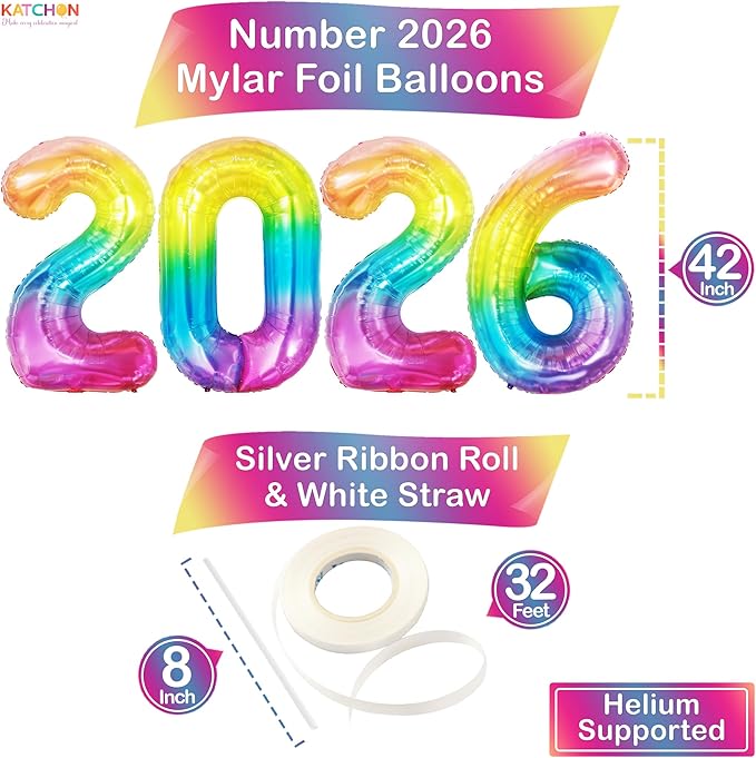 Rainbow Graduation Decorations 2026 | Giant, 42 Inch, Foil 2026 Graduation Balloons Class of 2026 Decorations | 2026 Balloons Number, Graduation Party Decorations | Prom Decorations 2026, Katchon