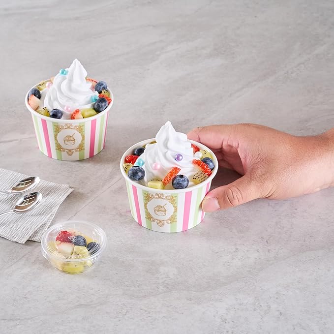 Coppetta 8 Ounce Dessert Cups, 50 Greaseproof Ice Cream Cups - Lids Sold Separately, For Hot And Cold Foods, Green And Pink Stripe Paper Yogurt Bowls, Disposable, Sturdy - Restaurantware