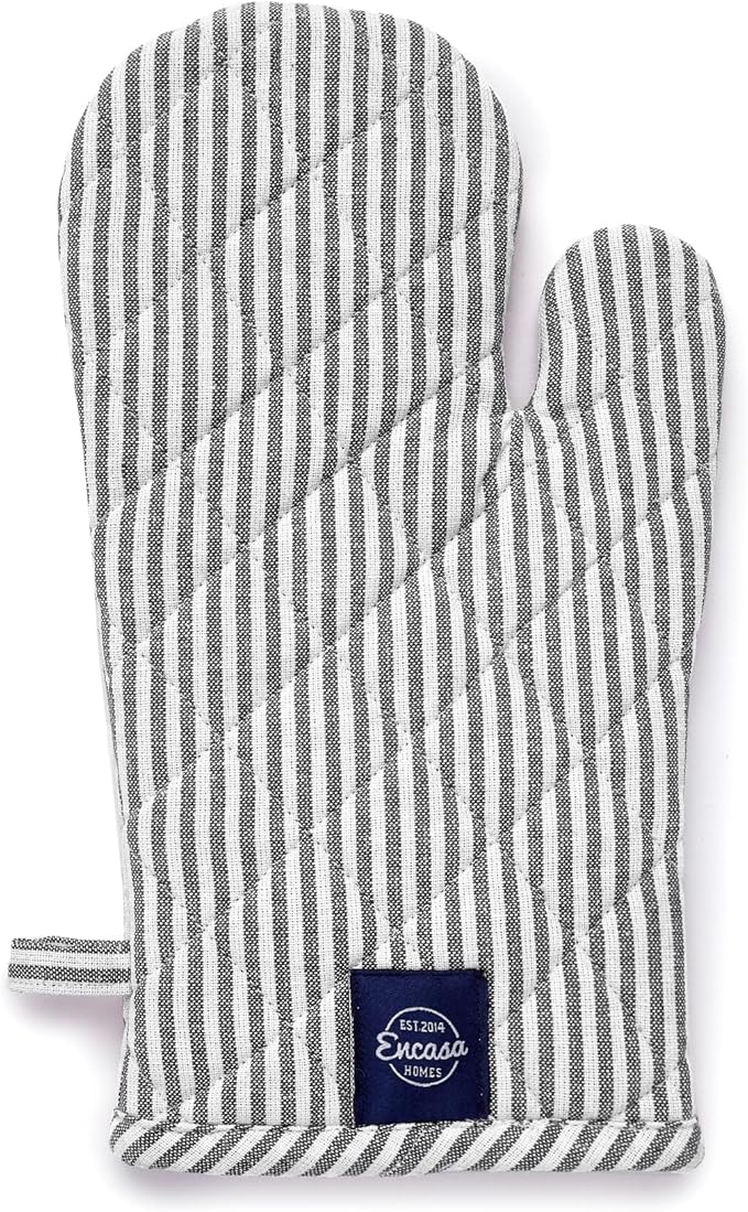Encasa XO Long 12"x7" Oven Microwave Hand Gloves Mitts (2 pc Set) for Kitchen Cooking & Baking - Heat Resistant, Thick & Safe, Protection of Hands from Hot Utensils - Ticking Black