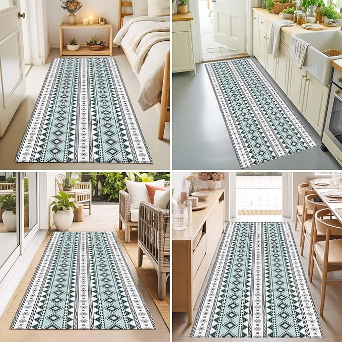 Runner Rug for Bedroom Hallway, Boho Diamond Pattern Kitchen Runner Rugs Area Rug 2x6ft, Ethnic Style Blue Strips Washable Soft Floor Carpet for Entryway Stair