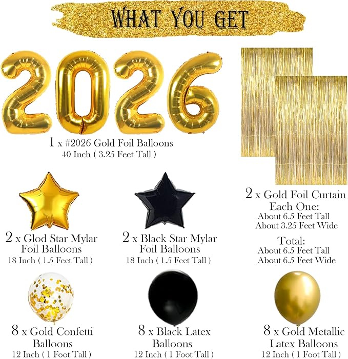 JOJO FLY New Years Eve Party Decorations Kit, Gold 2026 Balloons, Black and Gold Balloons Set, Gold Foil Curtain, Graduation Decorations, New Years Eve Party Supplies 2026