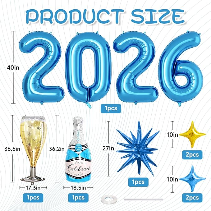 Blue 2026 Balloons, 40 Inch Number 2026 Blue Foil Balloons, Blue Gold Star Balloon, Champagne Bottle Glass Balloon for Happy New Years Eve Party Supplies 2026 Class of 2026 Graduation Decorations