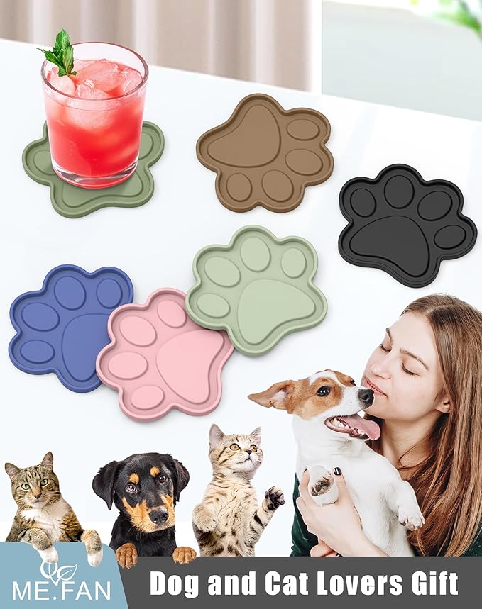 ME.FAN Silicone Coasters 6 Pack Paw Cup Mat with Holder, Dog Cat Paw Shape, for Hot or Cold Drink, Non-Slip, Non-Stick, Room Decor, Housewarming Navy Blue